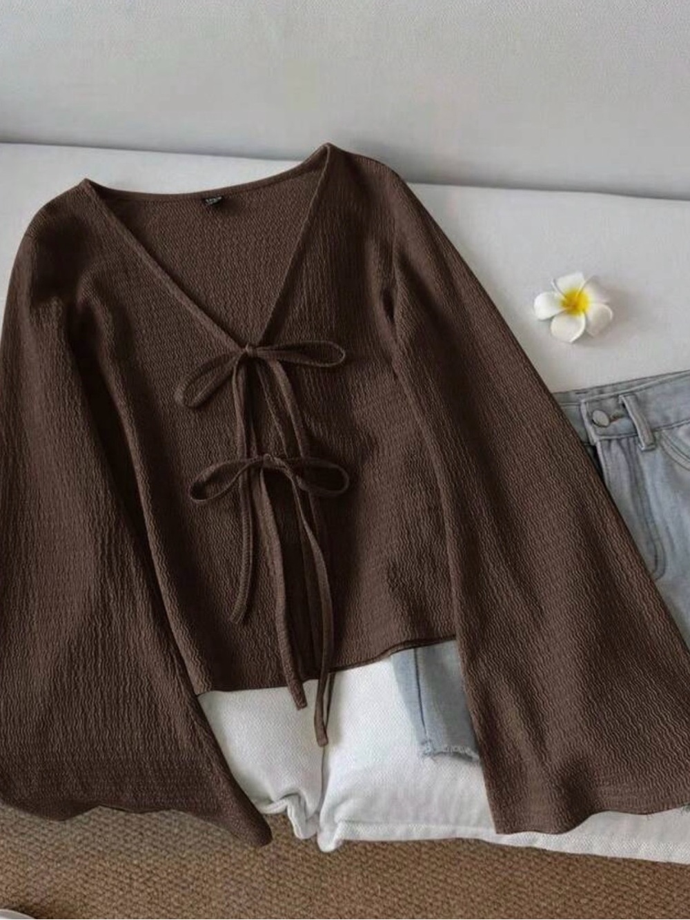 Brown Long Sleeve Bow Top